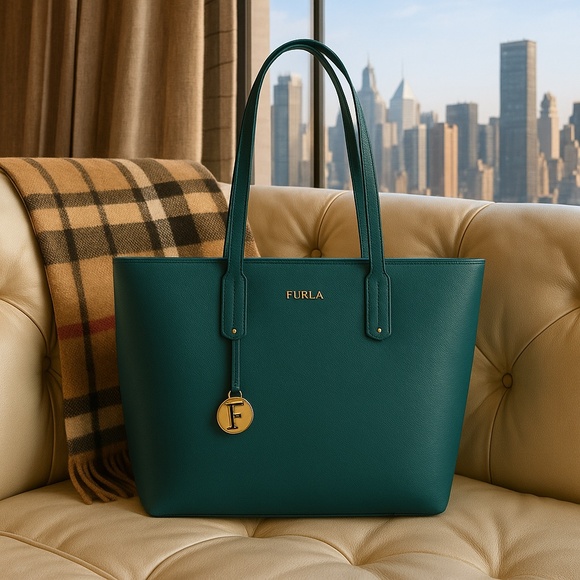 NEW FURLA Daisy Malachite Green Saffiano Leather Large Tote Bag - Make in Italy